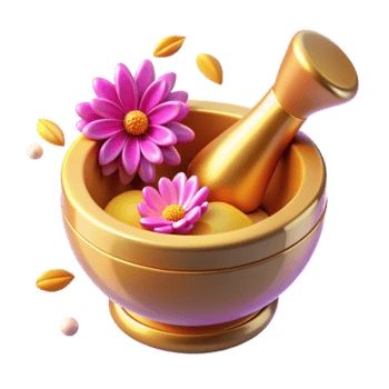 Golden Mortar and Pestle with Pink Flowers 3D Illustration png