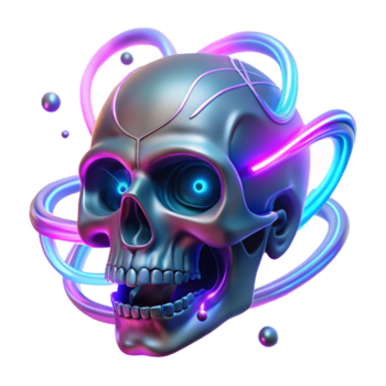 Neon Skull 3D Render Glowing Metallic Skull with Abstract Light Trails png