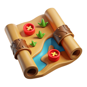 Cartoon Treasure Map Illustration - Rolled Parchment, River, Plants, and Cross Markers png