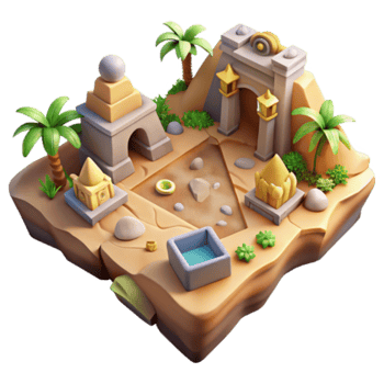 3D Illustration Desert Oasis Scene Ancient Structures, Palm Trees, and Tranquil Water png