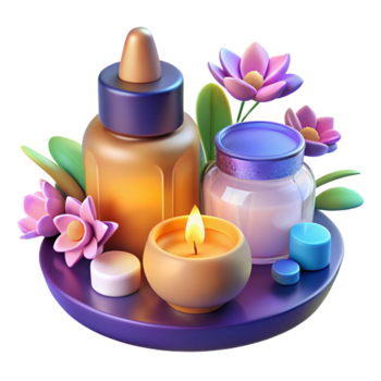 Serene Spa 3D Illustration Candles, Essential Oils, and Flowers png