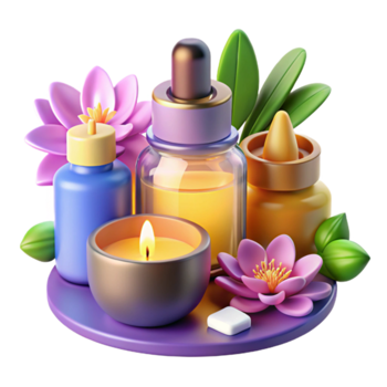 Serene Spa 3D Render Illustration Candles Flowers Aromatherapy Oils png