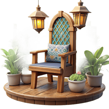 Render Wooden Throne Chair Garden Illustration with Lanterns and Plants png
