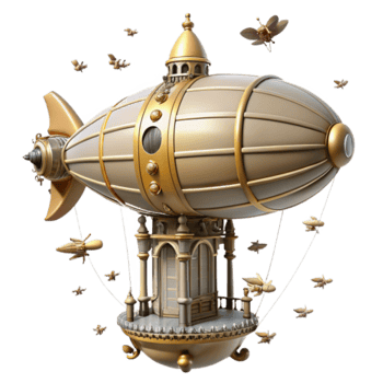 Steampunk Airship 3D Illustration A Vintage Aerial Vessel with Golden Accents and Miniature Aircraft png