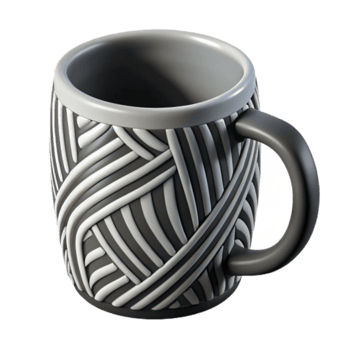 Render of a Mug with Intricate Woven Pattern, Gray and White Ceramic Mug Design, Detailed Illustration of a Coffee Mug png