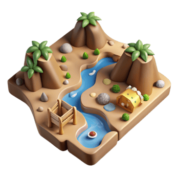3D Cartoon Oasis Game Asset Serene Desert Landscape with River, Hills, and Wooden Bridge png