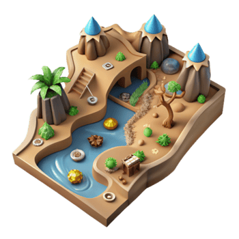 3D Isometric Oasis Illustration Desert Landscape with River, Plants, and Structures png