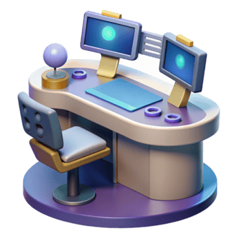 3D Render of Modern Workstation Setup, Stylish Desk and Chair, Futuristic Monitors png