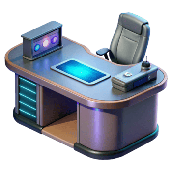 Futuristic Office Desk 3D Render, Modern Workstation with Ergonomic Chair, Illuminated Control Panel, Tech Gadget png