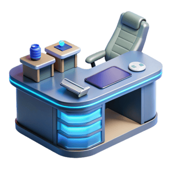 Futuristic Office Desk 3D Render, Modern Workstation with Ergonomic Chair and LED Lighting png