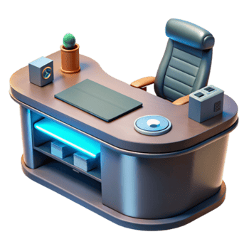 Modern Office Desk 3D Render, L Shaped Desk with Chair and Accessories png