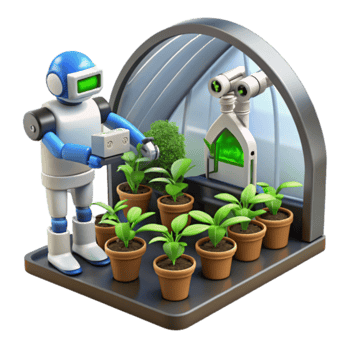 3D Illustration Robot Tending Plants in Greenhouse, Smart Farming Technology png