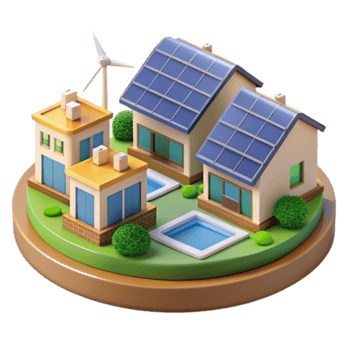 Eco-Friendly Homes 3D Illustration Sustainable Housing with Solar Panels and Wind Turbine png