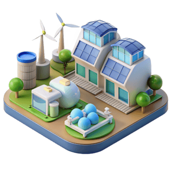 Eco-Friendly Village 3D Illustration Sustainable Energy Homes Wind Turbines Solar Panels png