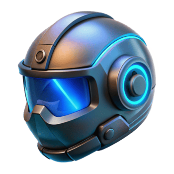 Futuristic Helmet 3D Render, Sci-Fi Headgear Illustration, Metallic Gray and Blue Glowing Lights, Abstract Technology Background png