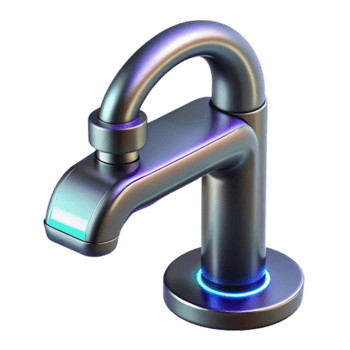 Metallic Faucet 3D Render, Iridescent Chrome Faucet, Modern Bathroom Fixture, Digital Water Tap Illustration, Abstract Plumbing Design, Shiny Metal Tap, Glowing Faucet Base, High-Resolution 3D Model png