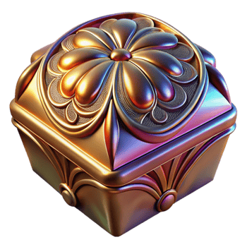 Ornate Jewel Box 3D Render Iridescent Gold Cubic Treasure Chest with Intricate Floral Design png