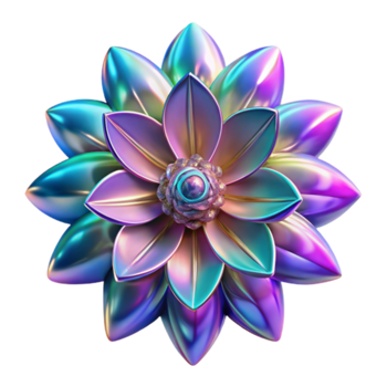Iridescent 3D Flower Illustration Abstract Metallic Bloom, Colorful Petals, Shiny Surface, Digital Art, Gradient Hues, Geometric Design, Closeup View png