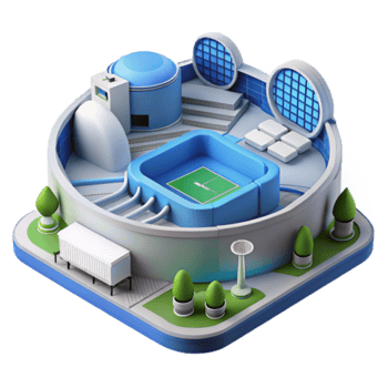 Isometric 3D Illustration Modern Stadium Design with Green Field and Surrounding Landscape png