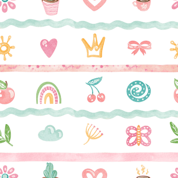 Summer seamless pattern with a playful theme, featuring clouds, hearts, and sun. Doodle art with rainbows, cherries, and flowers. Perfect for a nursery or children room wallpaper. png