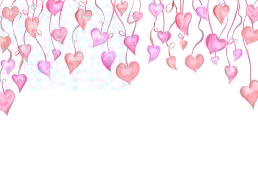 Watercolor pink red hearts hanging down on pink stings horizontal frame. Romantic Valentine day, birthday border with empty space for text. For greeting cards, invitation, postcard vector