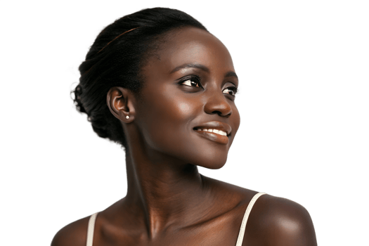 Portrait of young woman with dark skin with her hair pulled back isolated on transparent background png