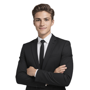 A young lawyer in a modern black suit standing confidently in a professional office environment png