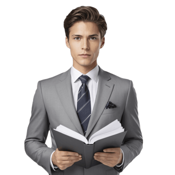 A young male lawyer in a tailored gray suit holding a briefcase standing in front of a building png
