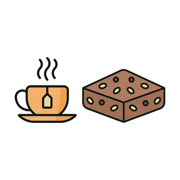 Tea Mug and Brownies Icon offers a sleek and trendy style, perfect for branding upscale tea lounges and artisanal desserts. vector