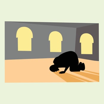 Illustration of a Muslim man praying in front of a mosques in a flat style. prayer room icon. Suitable for use as a sign in the prayer room in a public area or on brochures vector