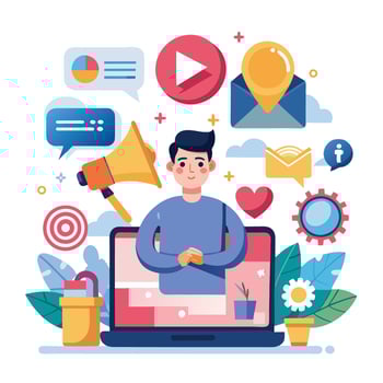 a man is sitting on a laptop with social icons around him vector