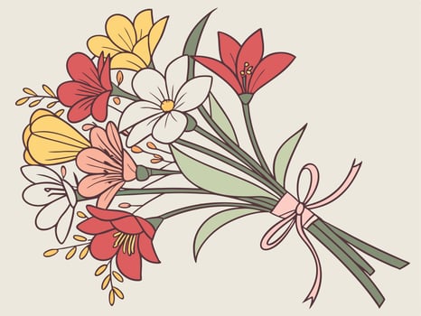 A cheerful mix of red, pink, yellow, and white flowers with delicate green stems, set against a neutral background, offering room for a message in the middle. vector
