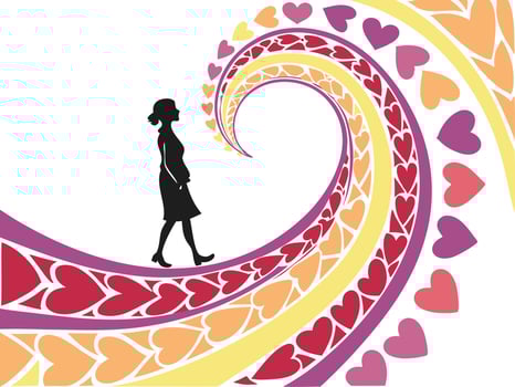 A vibrant swirl of colorful hearts in pink, red, purple, and yellow tones fades subtly into the background, with the center left clear for text. vector