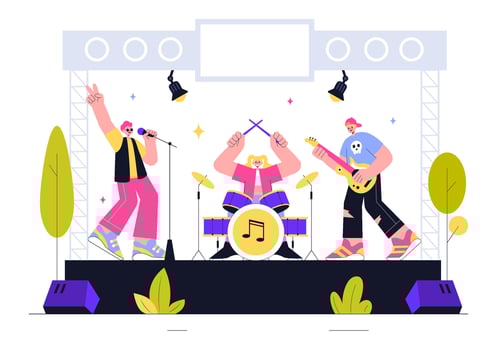 Music Festival Celebration Illustration with Performers and a Vibrant Crowd vector