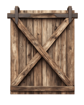 Rustic Weathered Wooden Barn Door with X-Shaped Detail png