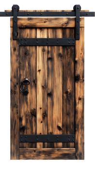 Rustic Weathered Wood Sliding Barn Door with Black Metal Accents png