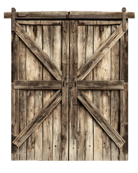 Rustic Weathered Wooden Barn Doors with X-shaped Design png