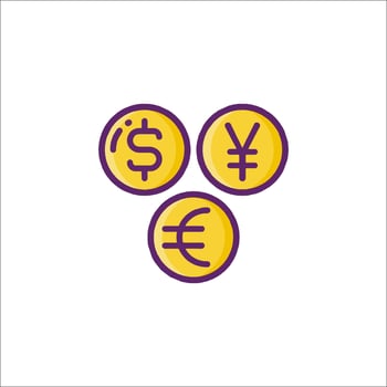 Three coins with dollar, euro and yen symbols vector