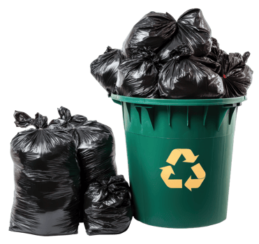 A green trash can with black bags in it png
