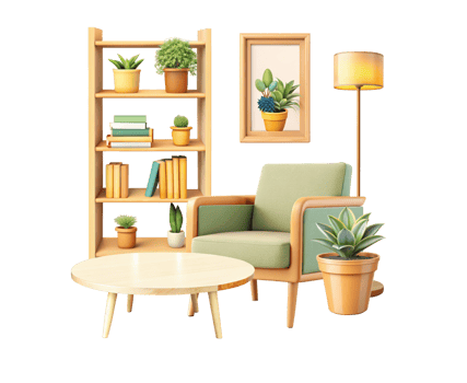 Elegant living room setup with plants and wooden furniture png
