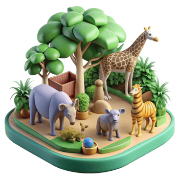 Lush zoo setup with animals and trees in 3D png