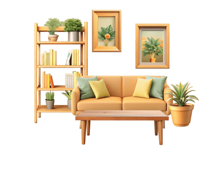 Realistic 3D living room with warm tones png