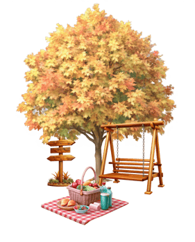 Vibrant autumn tree with picnic setup under its shade in 3D png