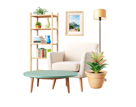 Stylish living room with wooden furniture and decor png