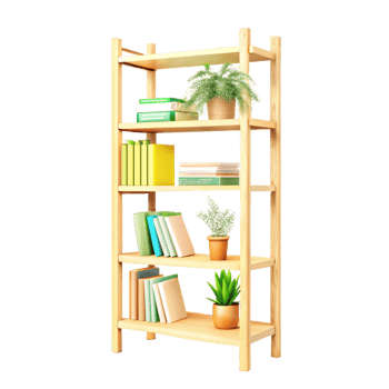 Wooden Bookshelf with Organized Decor png