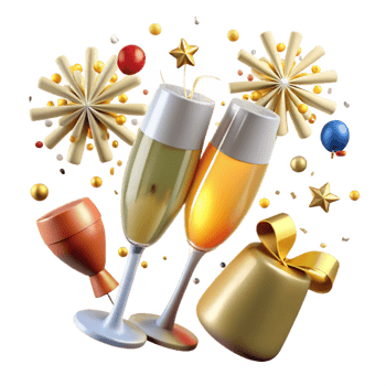 Vibrant champagne glasses with festive decorations in 3D png