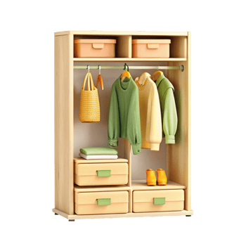 Elegant minimal wardrobe with clothes png