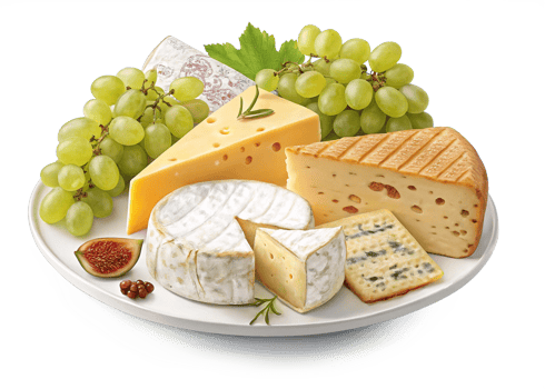 Gourmet Cheese Platter Camembert, Cheddar, Grapes, and Figs png
