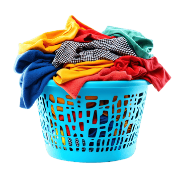 Blue laundry basket is filled with a variety of colorful clothes png
