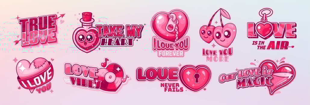 Y2k valentine icons featuring playful pink hearts vector